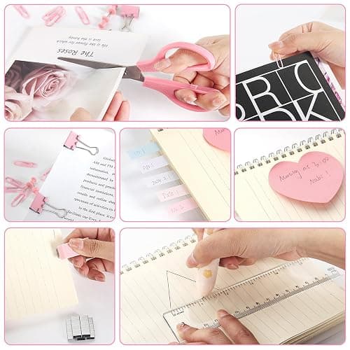 Office Desk Accessories, Pink Office Supplies Set Desk Accessories for Women, Cute Office Supplies with Stapler, Mini Stapler, Staple Remover, Tape, Clips, Scissor and Tabs, Stationary Set for Student thumbnail 6