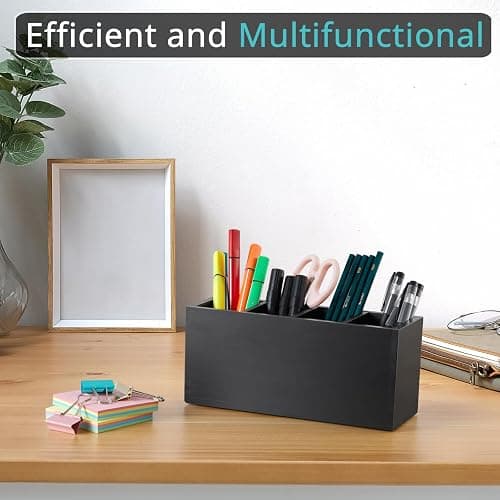 Bivvclaz Pencil Pen Holder for Desk, Wooden Office Desk Organizers and Accessories with 4 Slots for Countertop, Makeup Brush Holder Organizer for Bathroom Vanity, Silverware Caddy for Party, Black thumbnail 4