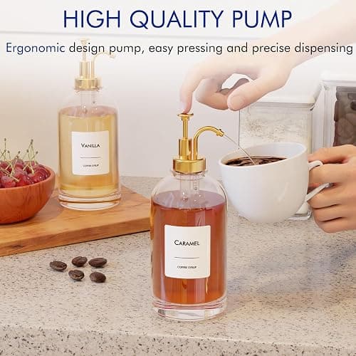 16.9 oz (500 ml) Coffee Syrup Dispenser Set- 4 Glass Bottles with Gold Pumper and Syrup Labels - Precise Dispensing and Stylish Addition to Coffee Shop, Cafe or Home Bar thumbnail 4