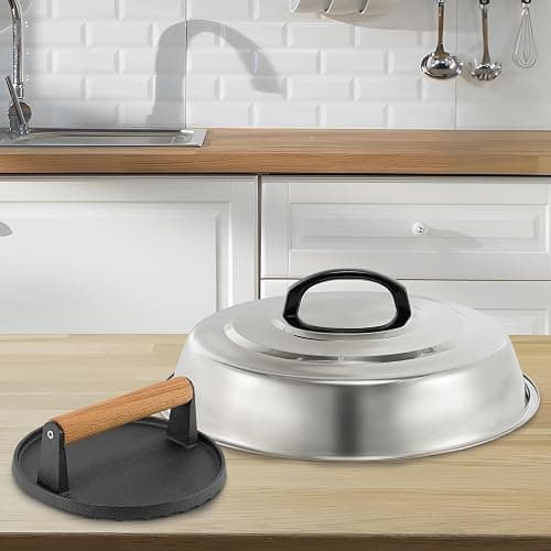 BBQ Accessories 12 Inch Round Stainless Steel Basting Cover - Cheese Melting Dome Round Cast Iron Grill Press Kit for Hamburger Bacon Steak, Best fits for Blackstone Camp Chef Flat Top Griddle Grill thumbnail 6