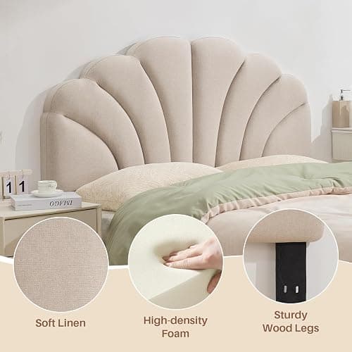 FriFurne Queen Size Headboard Only, Upgraded One-Piece Upholstered Headboard Adjustable Height&Width Full Bed Headboards Modern Soft Linen Petal Curved Padded Head Board, Light Brown thumbnail 4