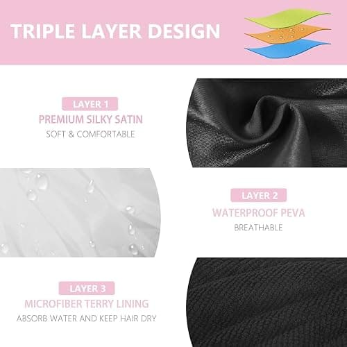 Aquior Shower Cap,Terry Lined Shower Cap for Women Reusable, Triple Layer Waterproof Bath Cap, Extra Large for Women Long Hair(Black) thumbnail 2