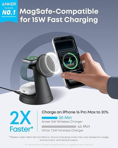 Anker MagGo Magnetic Wireless Charger (Dock Stand), 3-in-1 Qi2 Certified 15W MagSafe Compatible Wireless Charger, For iPhone 17/16/15/14/13 Series, Apple Watch, AirPods Pro, and More (Adapter Included thumbnail 2