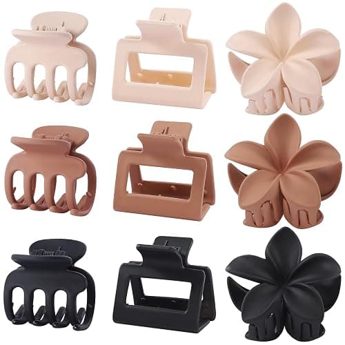 3 Styles Medium Hair Clips for Women 9 Pcs Small Claw Clips for Thin Hair Flower Hair Clips for Thick Hair Square Hair Claw Clips for Girls Hawaiian Plumeria Hair Accessories for Women (Brown) - Image 1