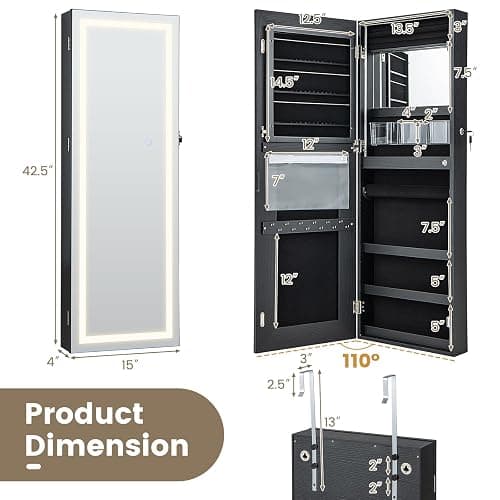 CHARMAID LED Mirror Jewelry Cabinet, Lockable Jewelry Armoire with Adjustable Lighted Full Length Mirror, 3 Lighting Sets, Wall Mounted Door Hanging Jewelry Storage Organizer (Black, 42.5''H) thumbnail 8