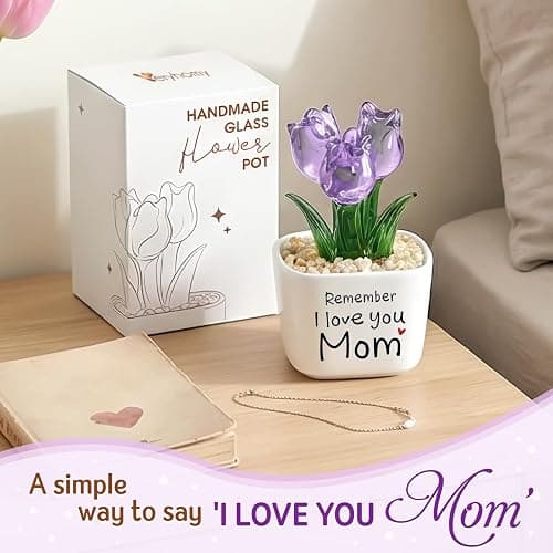 Birthday Gifts for Mom from Daughter Son - Mini Purple Glass Tulip | Remember I Love You Mom - Mom Birthday Gifts for Mothers - Collectible Flower Figurine thumbnail 7