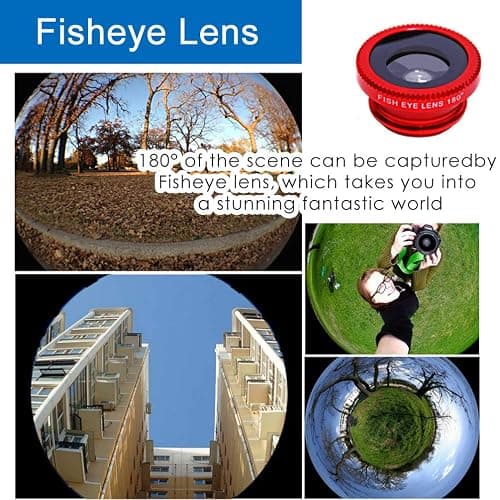 KINGMAS 3 in 1 Universal Fish Eye Lens + Wide-Angle Lens + Macro Clip Camera Lens Kit for iPad iPhone Samsung Android and Most Smartphones red thumbnail 4