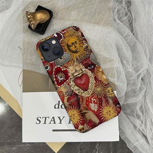 Case Compatible with iPhone 13,Scratch Resistant Hybrid 2-Layer Hard Shell Phone Case,Vintage Sacred Heart Sun Red thumbnail 6