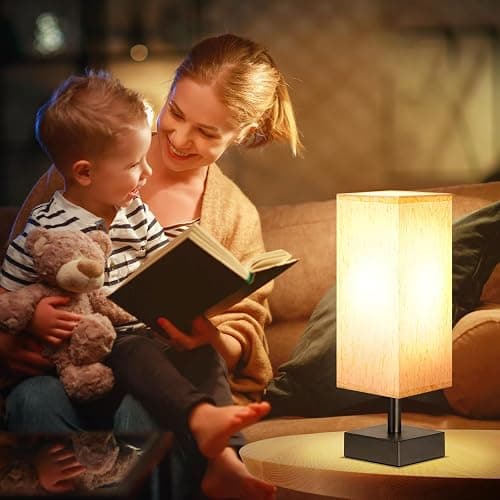 Small Table Lamp for Bedroom - Bedside Lamps for Nightstand, Minimalist Night Stand Light Lamp with Square Fabric Shade, Desk Reading Lamp for Kids Room Living Room Office Dorm thumbnail 3