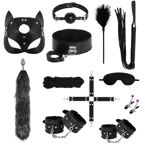 Rbenxia 12 PCS Sex Bondage BDSM Restraints Kits Fetish Handcuffs Ankle Cuff Collar Blindfold Whip Rope Nipple Clamps Ball Gag Mask Tail with Anal Adult Games Foreplay Sexy Toys for Couples (Black） - Image 1