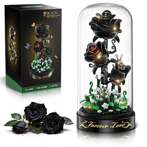 HiWEEGO Flower Building Set with LED Light - 232 PCS Black Rose Building Blocks Kit with Dust Cover, Gift for Mothers Day Wife 3.6MM Flower Botanical Collection Block Toy Home Decor - Image 1