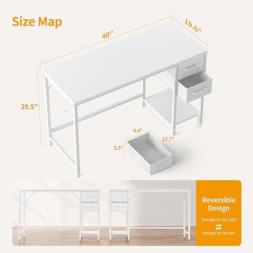 CubiCubi Computer Desk with 2 Drawers, 40 Inch Small Home Office Desk with Storage Study Writing Table, Pure White thumbnail 3