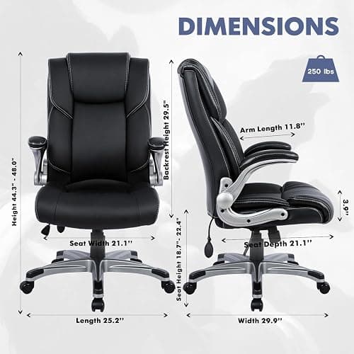 COLAMY High Back Executive Office Chair- Ergonomic Home Computer Desk Leather Chair with Padded Flip-up Arms, Adjustable Tilt Lock, Swivel Rolling Chair for Adult Working Study-Black thumbnail 3