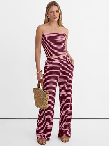 ANRABESS Women 2 Piece Sets Summer Striped Outfits Matching Tube Top Wide Leg Lounge Pants 2026 Travel Beach Vacation Clothes thumbnail 7
