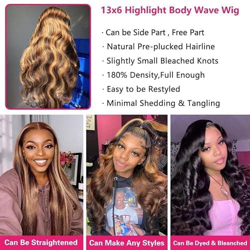 QUANDIAN 28 Inch 13x6 Body Wave Highlight Ombre Lace Front Wig Human Hair 13x6 HD Lace Front Wigs Human Hair 180% Density P4/27 Colored Wigs Honey Blonde Glueless Wigs Human Hair Pre Plucked Pre Cut thumbnail 4