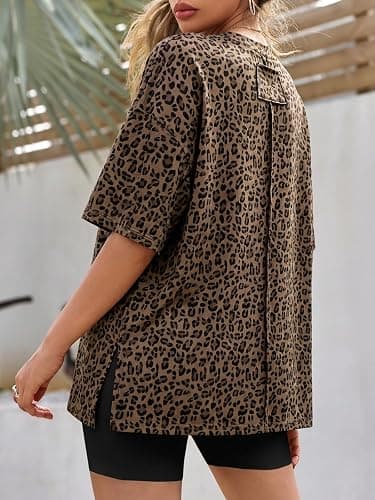 Tankaneo Womens Oversized T-Shirts Summer Casual Short Sleeve Loose Fit Top | Baggy, Boxy, Crew Neck, Flowy Shirt, Side Slit, Solid Color, Striped, Leopard Print, Cute, Going Out thumbnail 5