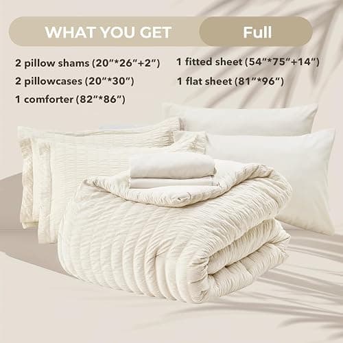 HYMOKEGE Ivory Full Size Comforter Sets Seersucker 7 Pieces, All Season Luxury Bed in a Bag for Bedroom, Bedding Set with Comforters, Sheets, Pillowcases & Shams thumbnail 5