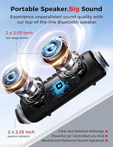 Bluetooth Speaker Gifts for Men: Portable Wireless, IPX5 Waterproof, White Elephant Gifts for Adults, Stocking Stuffers for Teens Boy Girl, Up to 20H Playtime, TWS Pair, for Home/Party/Outdoor (Black) thumbnail 2