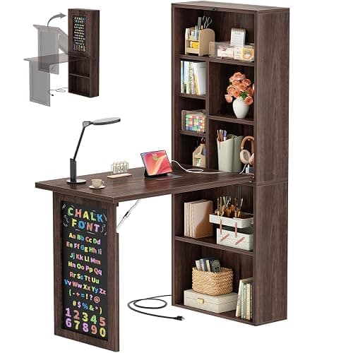 Armocity Small Folding Desk with Outlets, Fold-Out Murphy Desk Craft Table | Foldable Wall Mounted Desk Cabinet with Storage, Multi-Function Desk for Small Spaces/Home Office/Craft Room, Black Walnut - Image 1
