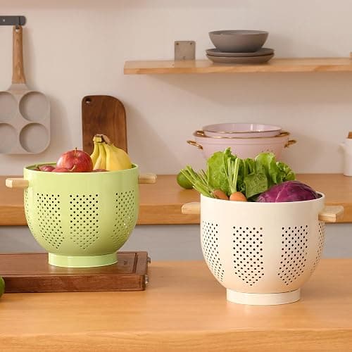 Metal Colander with Wood Handle and Stable Base, 5.5 Quart Powder Coated Steel Kitchen Strainer Basket for Draining Pasta, Vegetable and fruit,Cream thumbnail 2