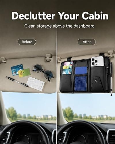 All‑in‑one Sun Visor Organizer Double Zippers Elastic Bands & Glasses Clip | Daily Driving for Cards, Money, Tickets, Leather Interior Accessories, Car Truck Suv Storage Pouch Holder(Black) thumbnail 7