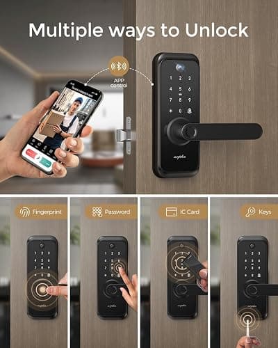 WiFi Video Smart Lock with Camera & Handle - 6-in-1 Keyless Entry (Fingerprint/App/Keypad/FOB/Key), Electric Deadbolt Door Knob for Front, Built-in WiFi, 2-Way Audio, Auto-Lock, Waterproof - Black thumbnail 6