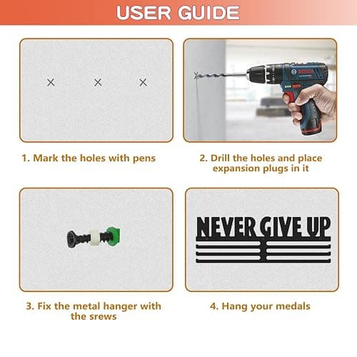 Bliocefo Medals Hanger Holder Display Steel Rack Hooks 15 inches Wall Mount Frame Over 60 Medals-Sports Medal Hook Storage Organizer Never Give Up Ribbon with Easy Hanging Bars Black 3 Lines thumbnail 7