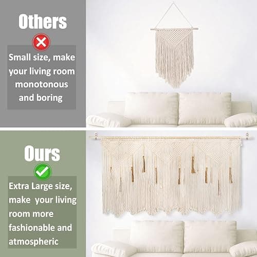 Extra Large Macrame Wall Hanging 70.8" × 39" Boho Tapestry Woven Decor- Cotton Tassel Curtain Beige Chic Bohemian Wall Art for Home Living Room Bedroom Dorm Wedding (Includes Rod) thumbnail 4