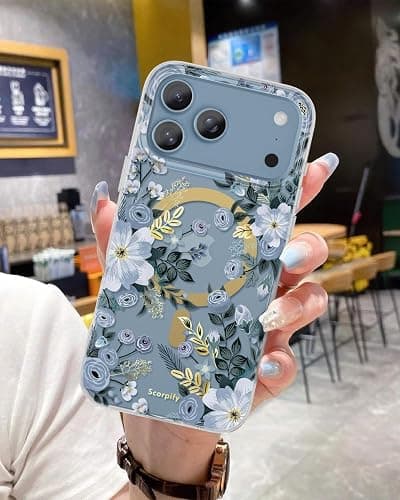 SCORPIFY for iPhone 17 Pro Case [Compatible with MagSafe] with Blue Nemophila Floral Design, Cute Clear Flower Magnetic Phone Cover for Women Girls,[Non Yellowing] Slim Bumper with Gold Accents thumbnail 3