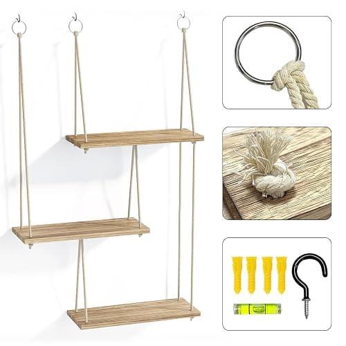 Fixwal Hanging Plant Shelves for Wall, 3 Tier Boho Wall Decor Plant Rack Floating Shelves Rope Rustic Wood Organizer Storage Hanger for Aesthetic Home Bedroom Kitchen Bathroom- Rustic Brown thumbnail 4