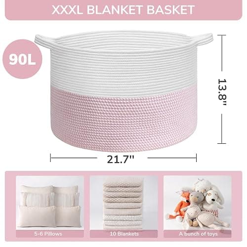 INDRESSME XXXLarge Storage Basket with Handle, Pink Laundry Basket for Nursery Stuffed Animal Storage, Baby Baskets Kids Toy Organizer, 21.7" x 21.7" x 13.8", Pink thumbnail 2