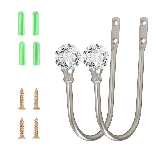 Curtain Holdback, 2pcs Wall Mounted Drapery Tiebacks with Clear Crystal Ball, Heavy Duty Metal Decorative Window Drapery Curtain Holder Curtain Hooks with Screws, Sliver thumbnail 4