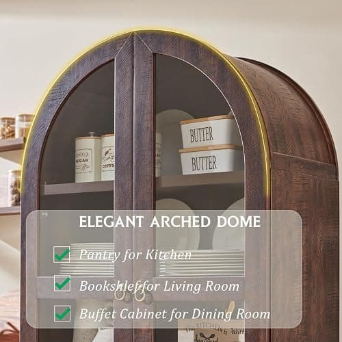 IFGET 71" Tall Arched Kitchen Pantry Cabinet, Wood Kitchens Storage Cabinets with 2 Large Drawers and Adjustable Shelves, Modern Farmhouse Versatile Cupboard for Kitchen, Dining Room, Bathroom, Brown - 1 - Brown thumbnail 4
