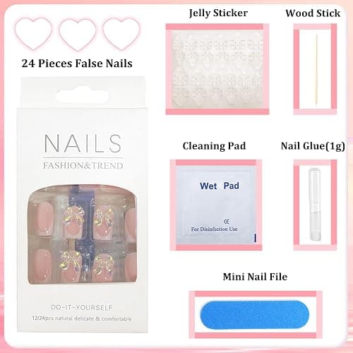 3D Bow Fake Nails - 24PCS Crystal False Nails with Glue - Short Square Press on nails - French Tip Stick on Nails - French Manicure Acrylic Nail Tips for Women Holiday & Daily Long Lasting Wearing thumbnail 5