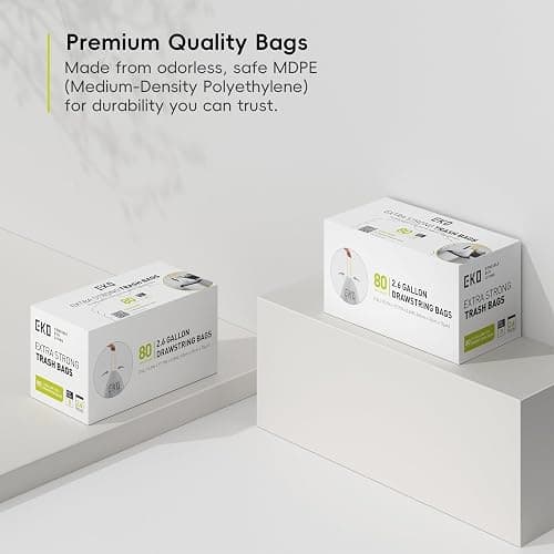 EKO 2.6 Gallon / 7-10 Liter, 80 Count Small Drawstring Trash Bags, Extra-Strong Unscented Garbage Bags, Easy-Dispense Roll for Kitchen & Household Use, Resists Tears, Leaks and Punctures, Code B White thumbnail 7
