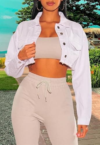 Women's Crop Top Jean Jacket Button Down Long Sleeve Cropped Denim Jacket Coat thumbnail 2