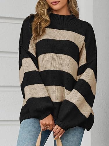 Saodimallsu Womens Oversized Striped Sweater Mock Neck Chunky Knit Lantern Long Sleeve Fall Trendy Tunic Sweaters Top thumbnail 4