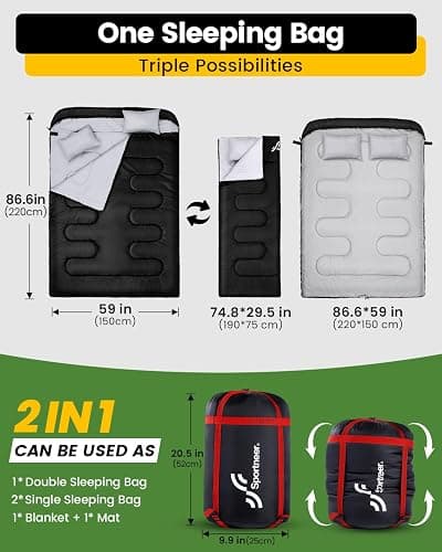 Sportneer Double Sleeping Bag: Queen Size 2 Person All Season for Warm & Cold Weather Camping Sleeping Bag with 2 Pillows, Waterproof Lightweight Large Size 86.6'' x 59'' thumbnail 3
