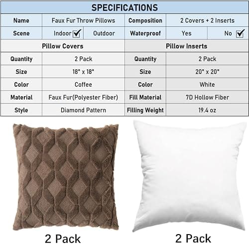 WHATWEARS 18" x 18" Decorative Throw Pillow with Inserts, Set of 2 Soft Faux Fur Throw Pillows, Square Boho Pillow for Couch, Bed, Sofa Decor, Coffee thumbnail 3