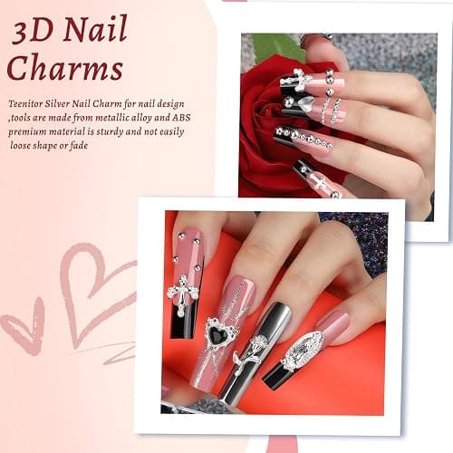 Silber Nagel Charms und Edelsteine Kit, 4 Boxen Nagel Edelsteine Silber Strass für Nägel, 3D Y2K Nagel Zubehör, Kreuz Charms für Nägel Design Stern, Kaviar Perlen für Nägel Kunst thumbnail 4