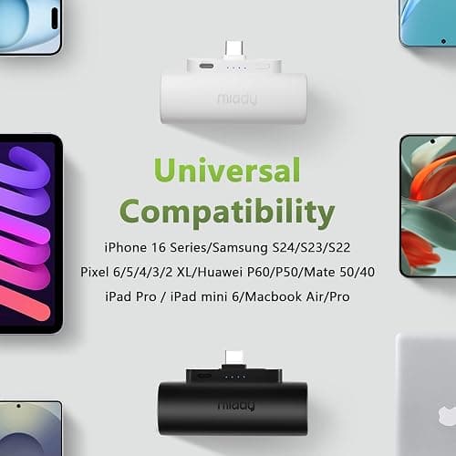 Miady 12-Pack 5000mAh Mini Portable Charger with Built-in Type C Connector, 5V 2.4A USB-C Output Fast Charging Small Power Bank (Black+White+Lake Green+Clove Purple+Cream Blue+Champagne Pink) thumbnail 6