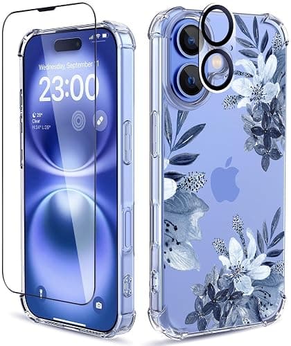 ilnehc for iPhone 16 Case,[3 in 1] with Screen Protector & Camera Lens Protector, Flower Pattern Design,Clear Soft Shockproof Slim Floral Phone Cover for Women Girls 2024 6.1"(Flower/Ink Painting) - Image 1