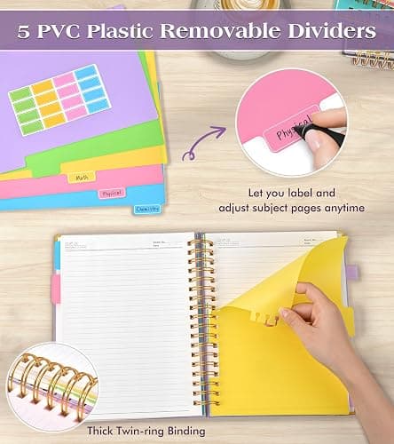 Spiral Notebook Journal with Removable Dividers Tabs, 300 Pages Hardcover Leather 5 Subject College Ruled Notebook, 8"x10" Large B5 Lined Journal for Women Men, Spiral Notebooks for Work School,Purple thumbnail 3