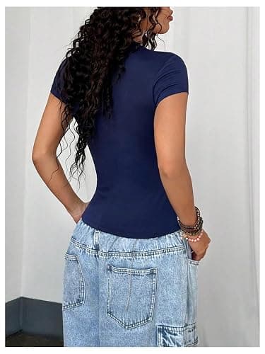 RoseSeek Women's Y2K Sporty Jersey Shirts V Neck Cap Sleeve Tight Crop Tops Street Graphic Tees thumbnail 2