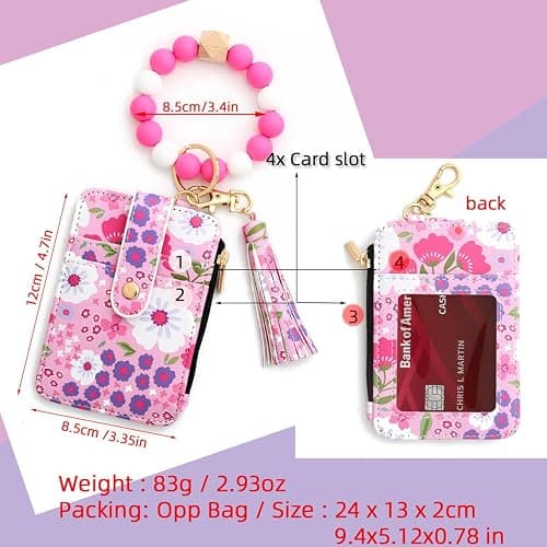Women's Boho Beaded Wallet with Flower Pattern, Women Boho Style Beaded & Tassel Decorated Keychain, Credit Card Holder Purse (Rose red) thumbnail 3