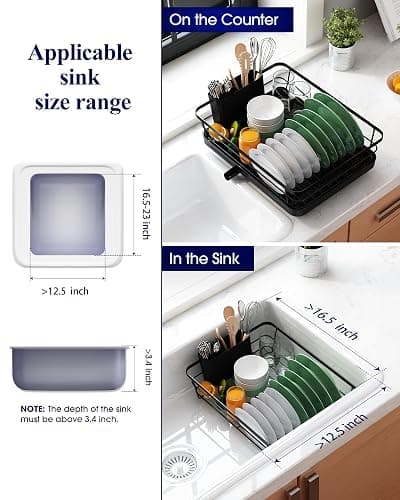 Kitsure Dish Drying Rack for Kitchen Counter, Stainless Steel Sink Organization and Storage Essentials with Cutlery Holder, Home and Appartment Decor, 12''W x 15.5''L, Black thumbnail 8