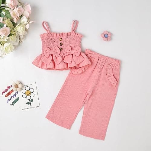Aenbilo Toddler Baby Girl Clothes Summer Outfits Cute Bow Button Ruffle Camisole Pants Set 9-36 Months thumbnail 2