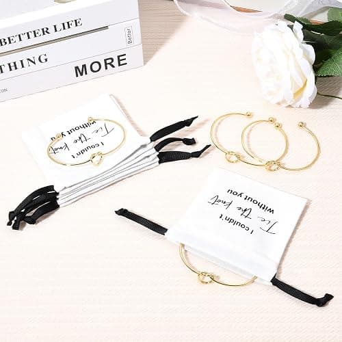 CEELGON 8 Pcs Jewelry Pouch Bridesmaid Gifts Set - 4 Linen Cotton Small Drawstring Bags & Knot Bracelet - Jewelry Packaging for Proposal, Bridal Party Favors (Gold) thumbnail 5