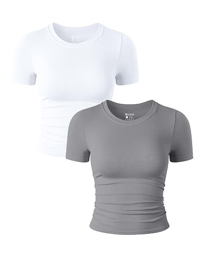 OQQ Womens 2 Piece Shirts Short Sleeve Crew Neck Ruched Stretch Fitted Tee Shirts Crop Tops - Image 1
