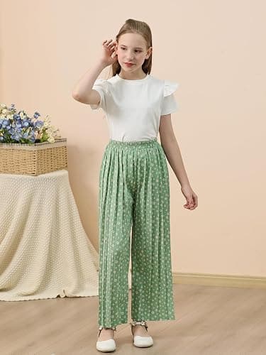 GORLYA Girls Clothing Sets Ruffle Trim Short Sleeve Tops Casual Printed Pleated Wide Leg Pants 2 PCS Outfit Suits 6-14Y thumbnail 3
